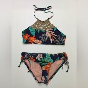 Hobie Big Girls High Neck Halter Hipster Bikini Hibiscus Jungle Sz12 Pre owned